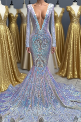 Hot Sparkle Sequin V neck Long sleeves Mermaid Semi Formal Prom Dresses